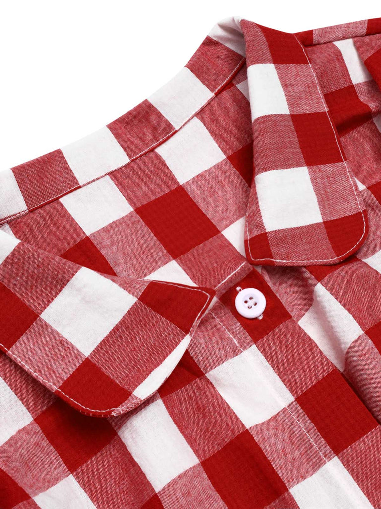 [Vorverkauf] Rot 1950er Revers Gingham Überschnittene Schulter Bluse