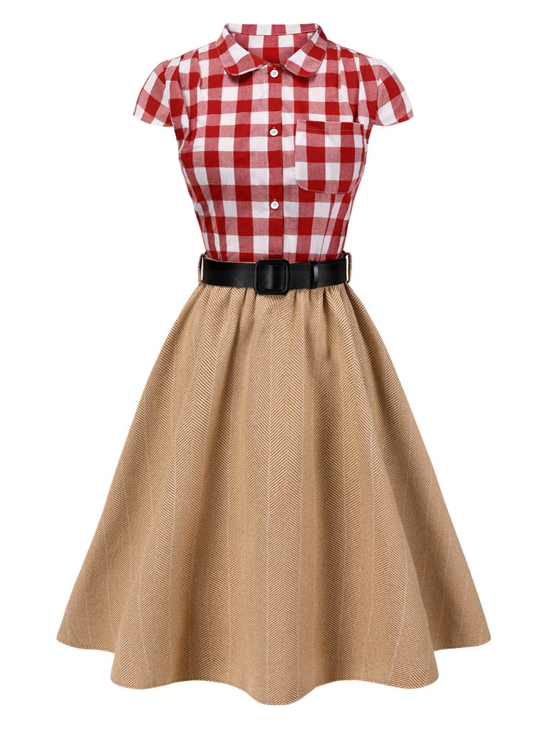 [Vorverkauf] 2PCS 1950er Revers Gingham Bluse & Gürtel Rock