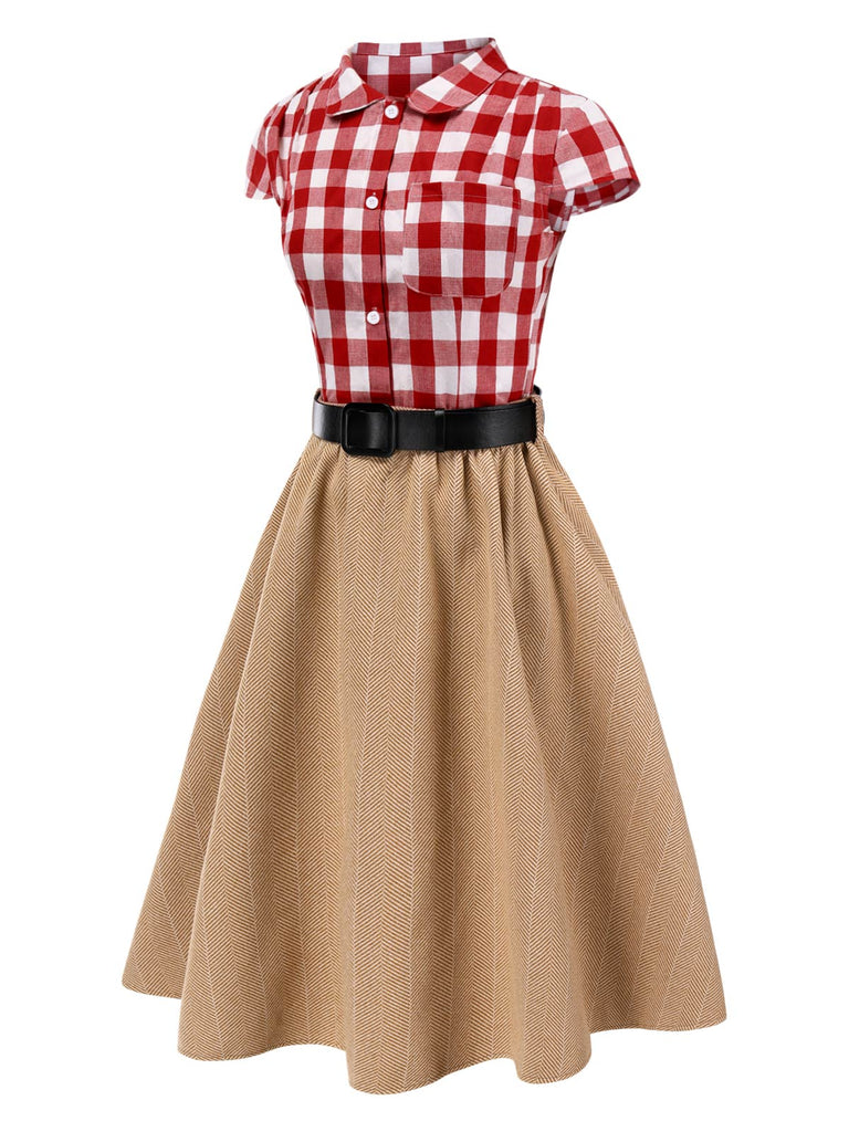 [Vorverkauf] 2PCS 1950er Revers Gingham Bluse & Gürtel Rock