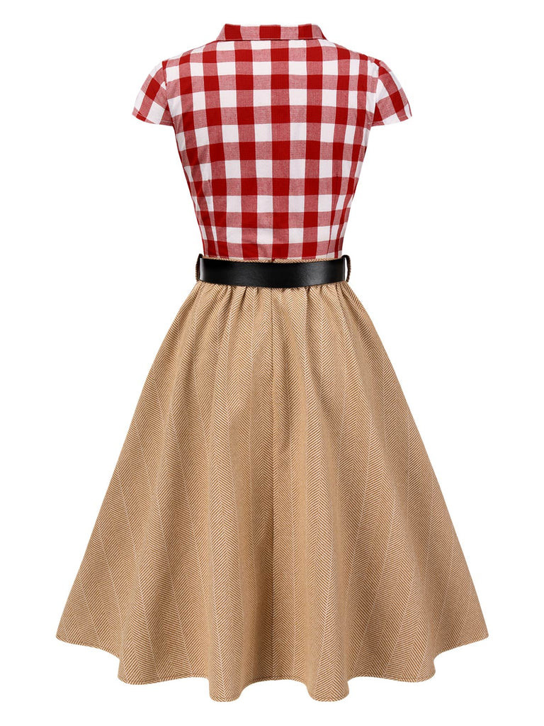 [Vorverkauf] 2PCS 1950er Revers Gingham Bluse & Gürtel Rock