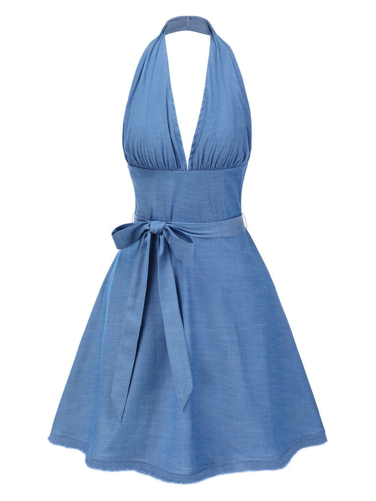 [Vorverkauf] Blau 1970er Halter Tief V-Ausschnitt Bogen Rückenfrei Kleid