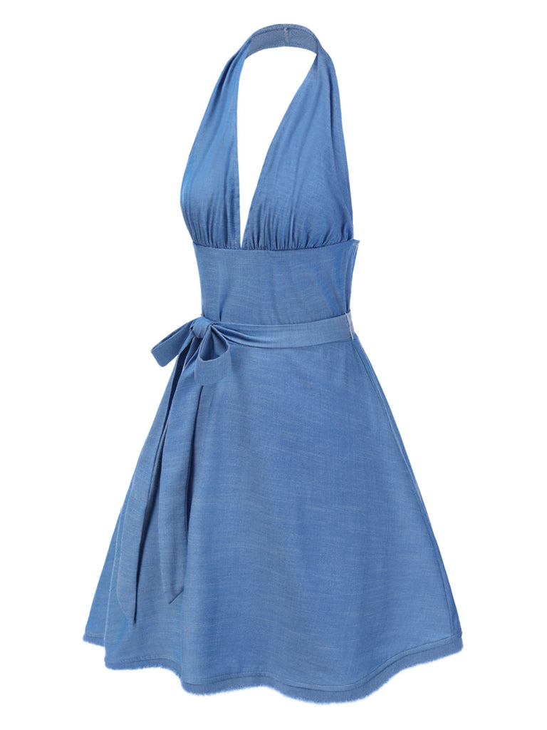 [Vorverkauf] Blau 1970er Halter Tief V-Ausschnitt Bogen Rückenfrei Kleid