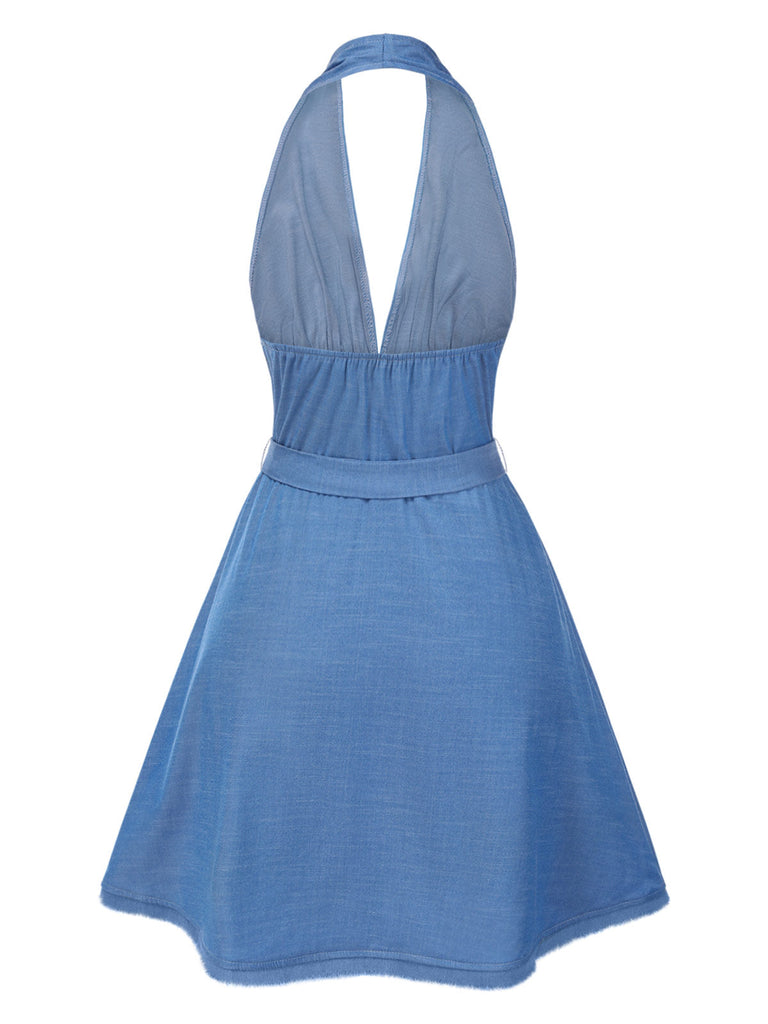 [Vorverkauf] Blau 1970er Halter Tief V-Ausschnitt Bogen Rückenfrei Kleid