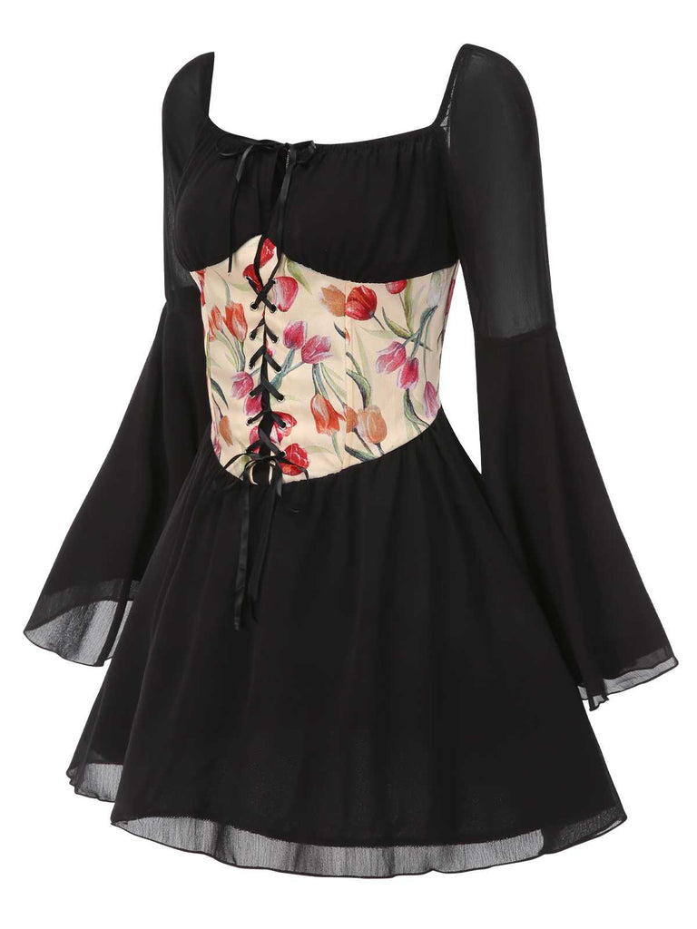 Schwarz 1960er Glockenärmel Blumen Korsett Mini Kleid