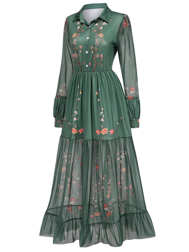 Grün 1930er Blumen Netz Patchwork Maxi Kleid