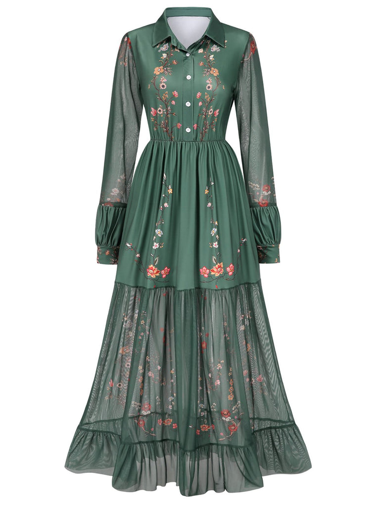 Grün 1930er Blumen Netz Patchwork Maxi Kleid