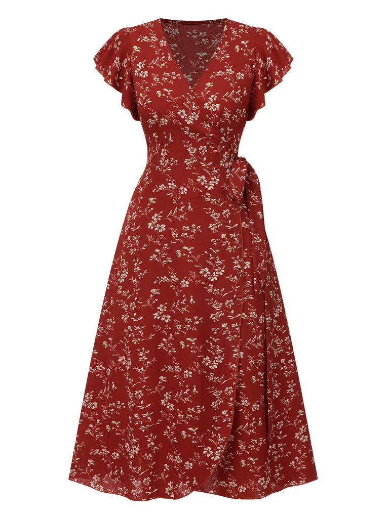 Weinrot 1940er V-Ausschnitt Blumen Schlitz Kleid