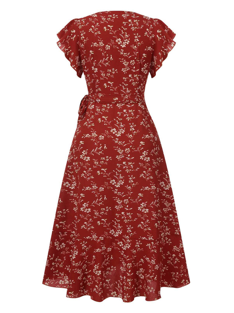 Weinrot 1940er V-Ausschnitt Blumen Schlitz Kleid