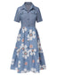 Blau 1940er Revers Knöpfen Blumen Kleid