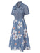 Blau 1940er Revers Knöpfen Blumen Kleid