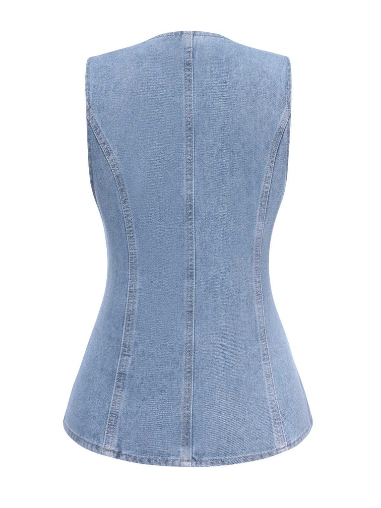 Blau 1940er Ärmellos Denim Weste