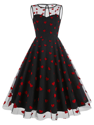 Schwarz 1950er Beflockt Herz Netz Patchwork Kleid