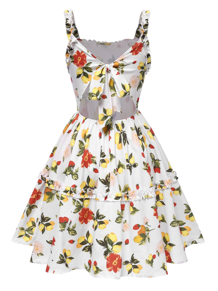 Multicolor 1940er Zurück-Hohl Lemon Blumen Kleid