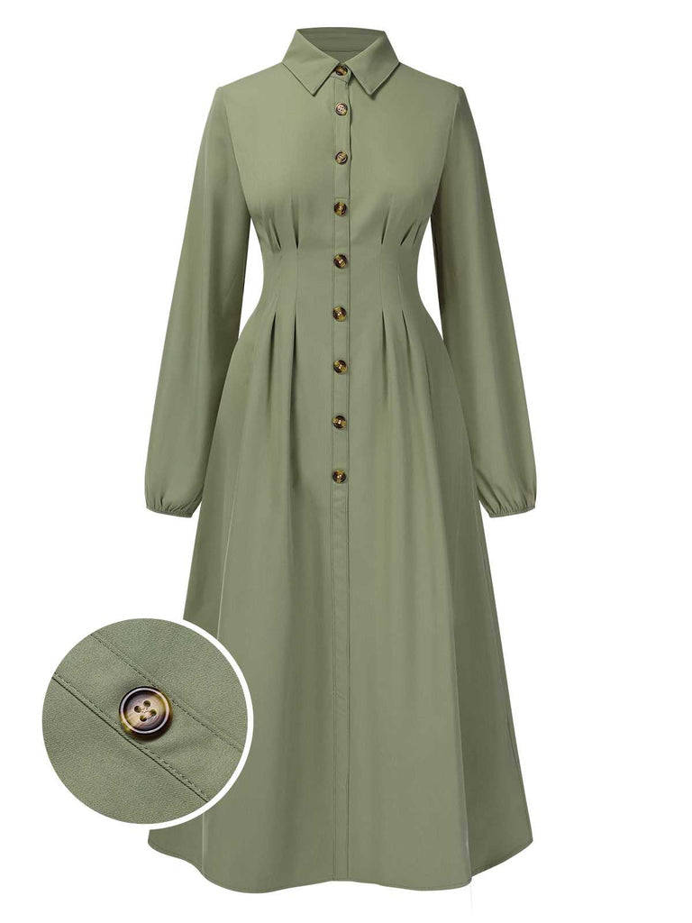 Grün 1940er Hemdkragen Langarm Solide Kleid