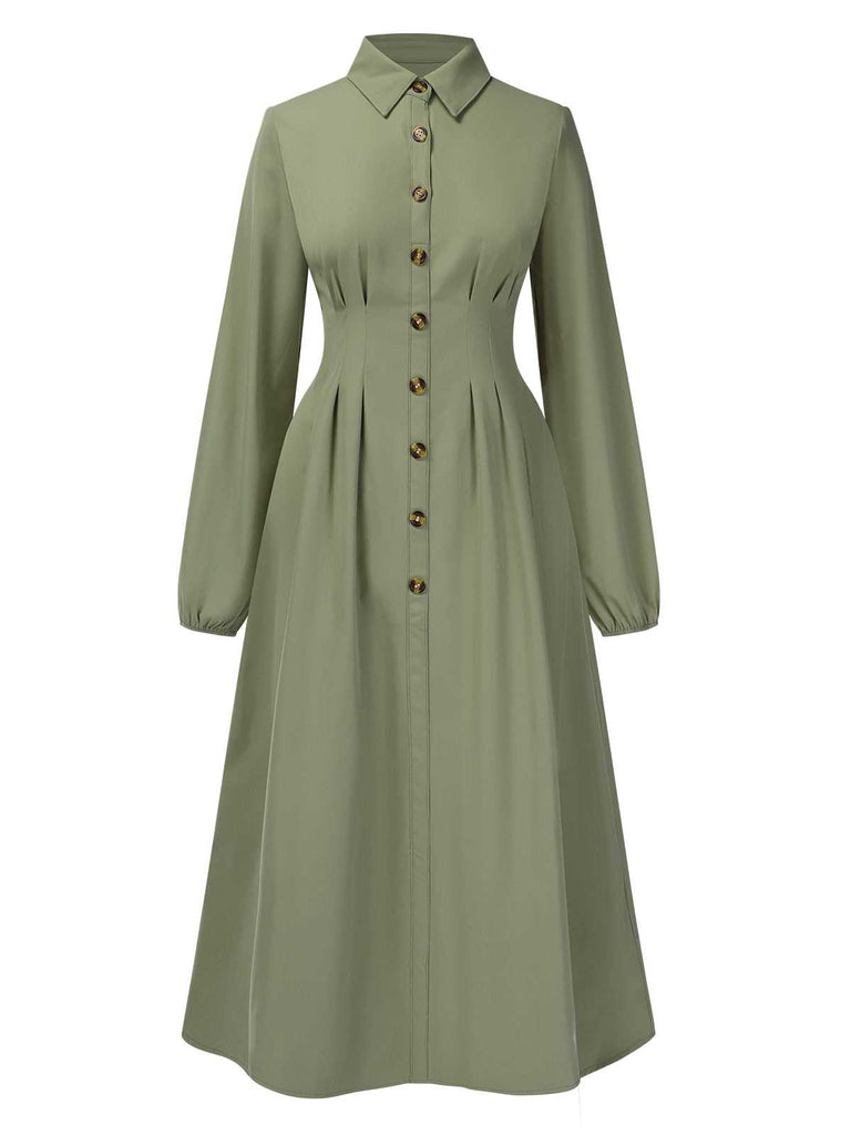 Grün 1940er Hemdkragen Langarm Solide Kleid