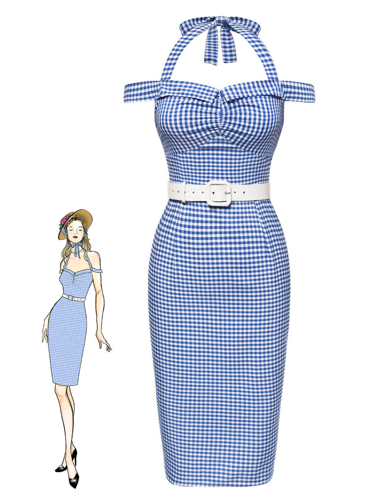 [Vorverkauf] Blau 1960er Halter Eine Schulter Plaid Bleistift Kleid