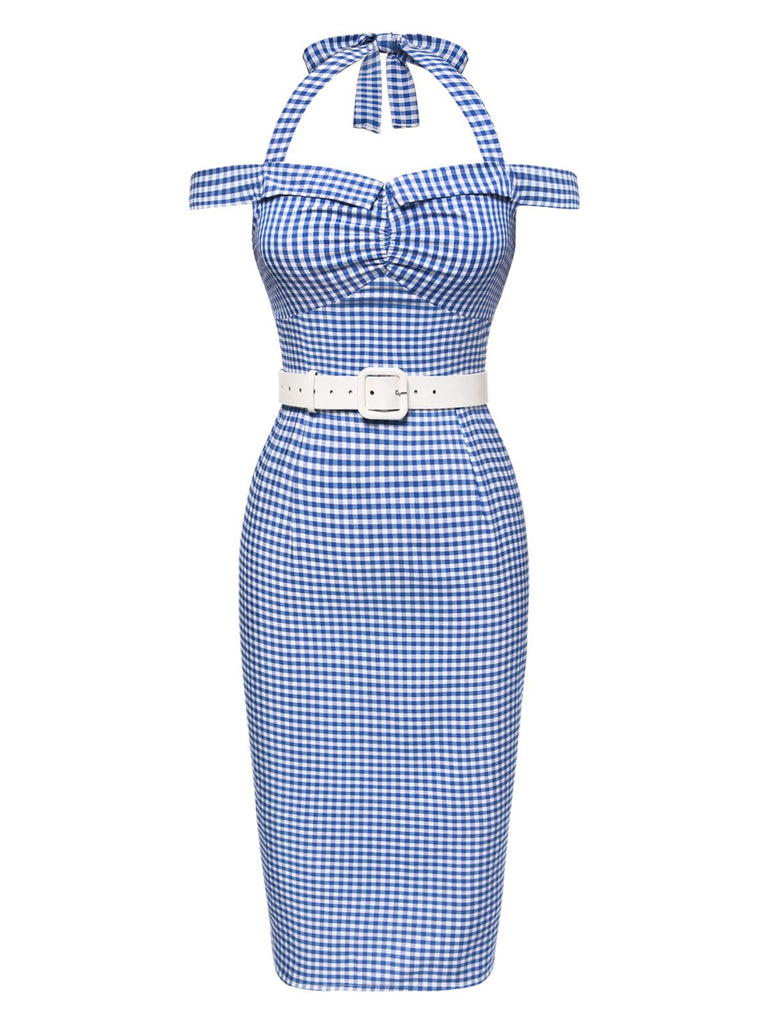 [Vorverkauf] Blau 1960er Halter Eine Schulter Plaid Bleistift Kleid