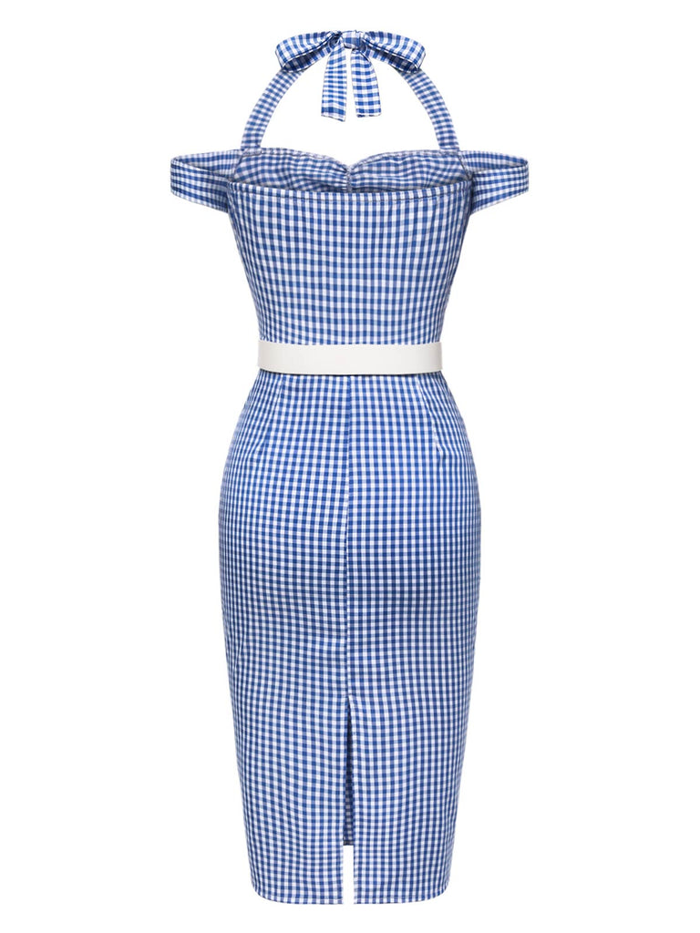 [Vorverkauf] Blau 1960er Halter Eine Schulter Plaid Bleistift Kleid