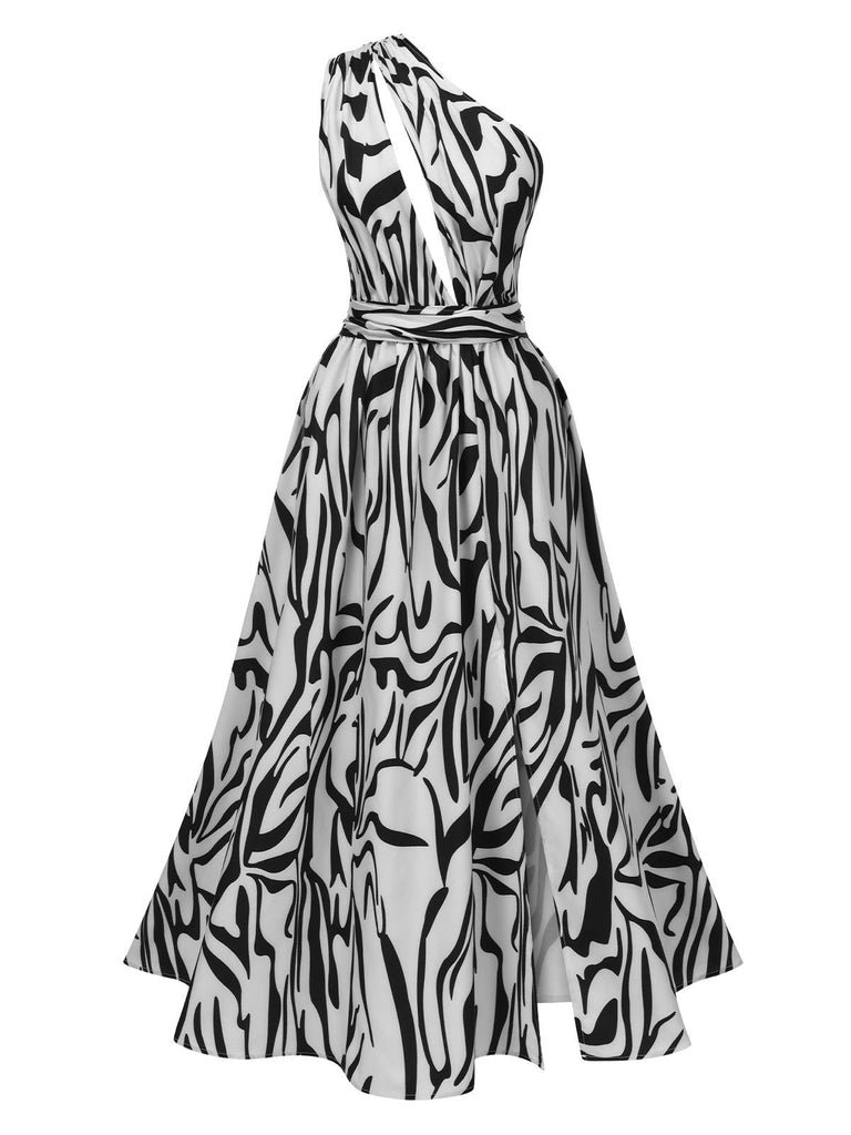 Grau 1930er Zebra Eine Schulter Rückenfrei Kleid