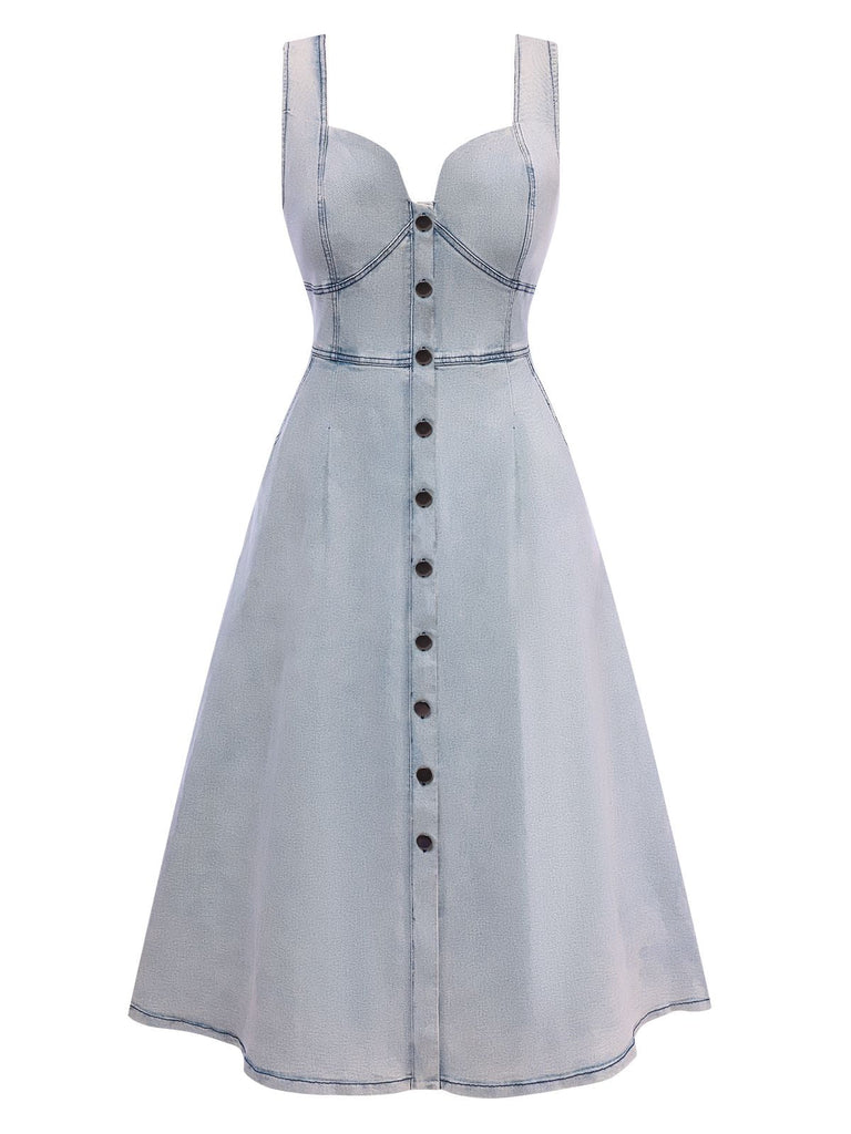 Blau 1940er Denim Knöpfen Träger Kleid