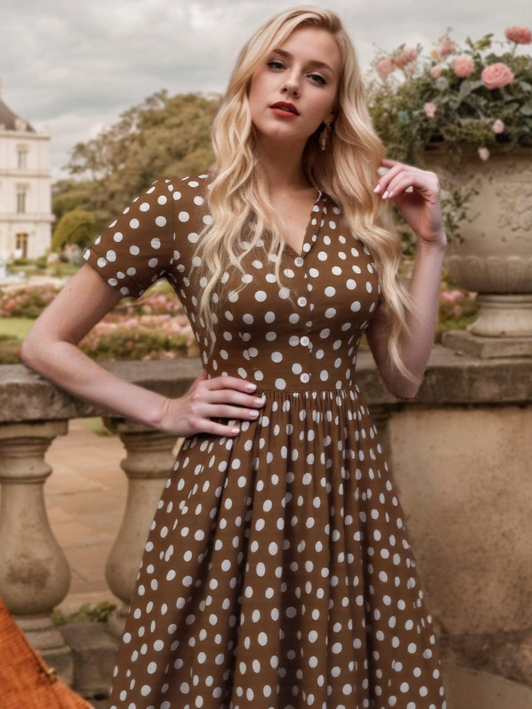 [Vorverkauf] Braun 1940er Revers Knöpfen Polka Dots Kleid