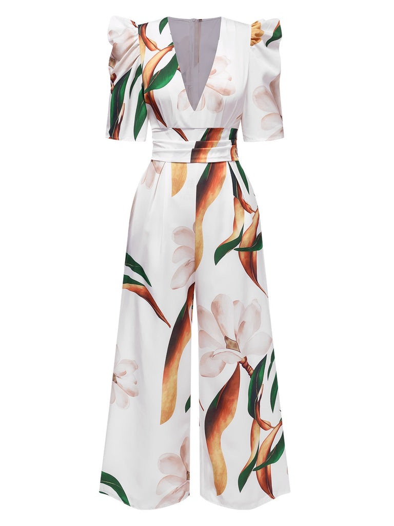 Multicolor 1930er V-Ausschnitt Puff Magnolia Blumen Jumpsuit