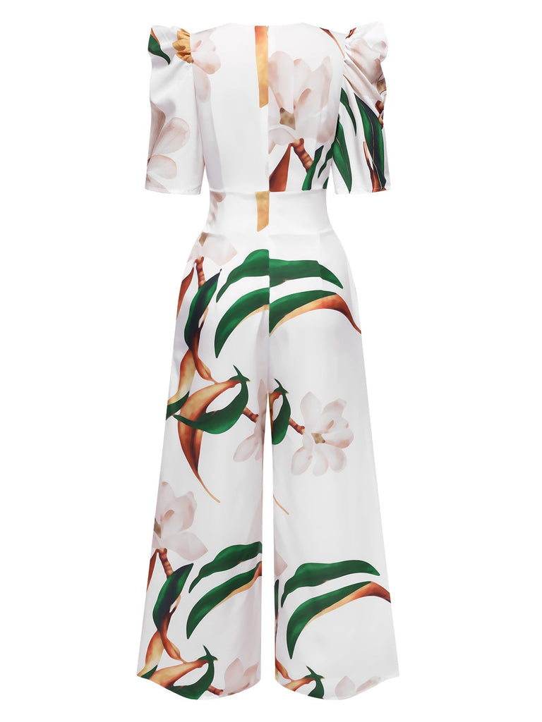 Multicolor 1930er V-Ausschnitt Puff Magnolia Blumen Jumpsuit