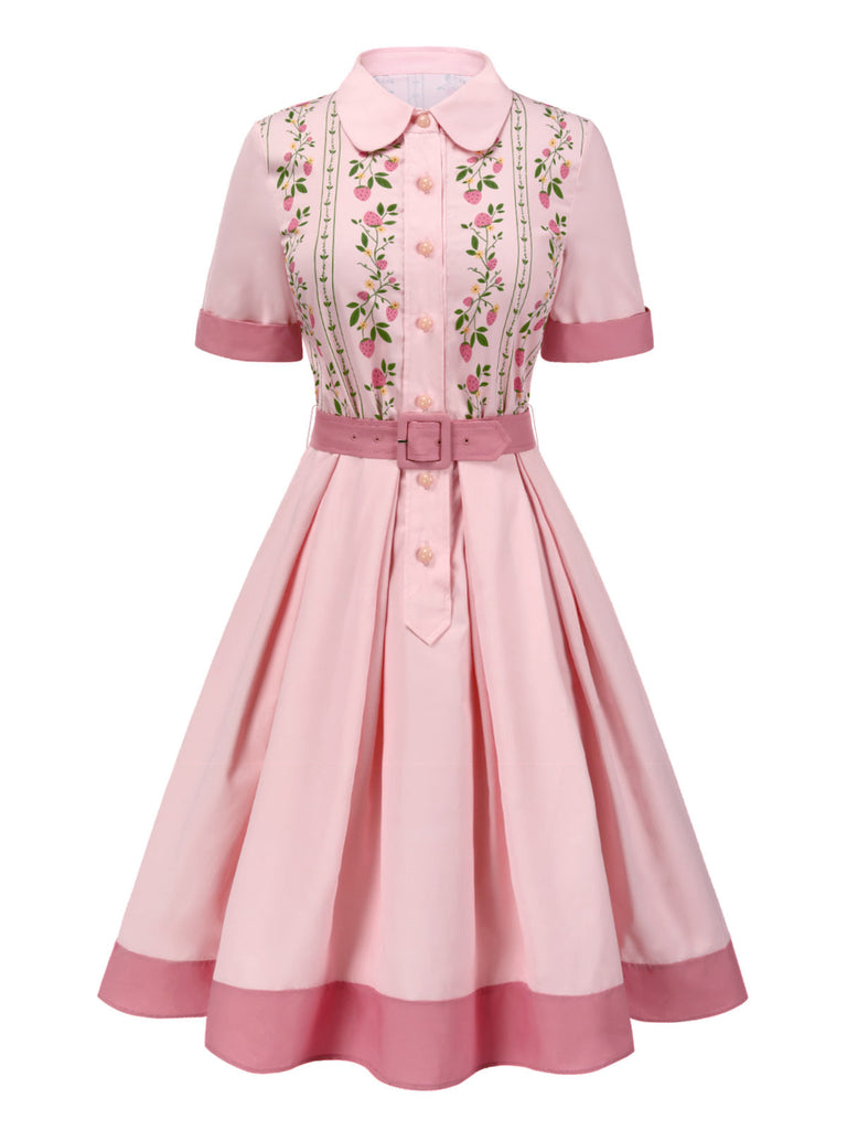 [Vorverkauf] Rosa 1940er Reine Baumwolle Erdbeere Gürtel Kleid