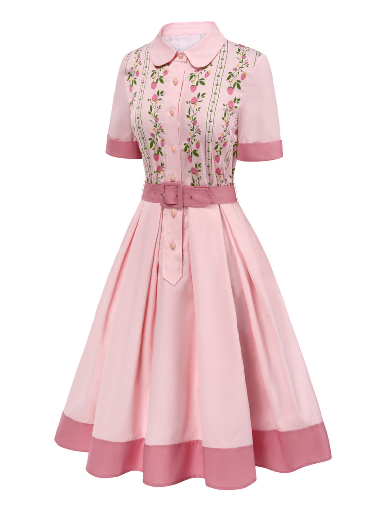 [Vorverkauf] Rosa 1940er Reine Baumwolle Erdbeere Gürtel Kleid