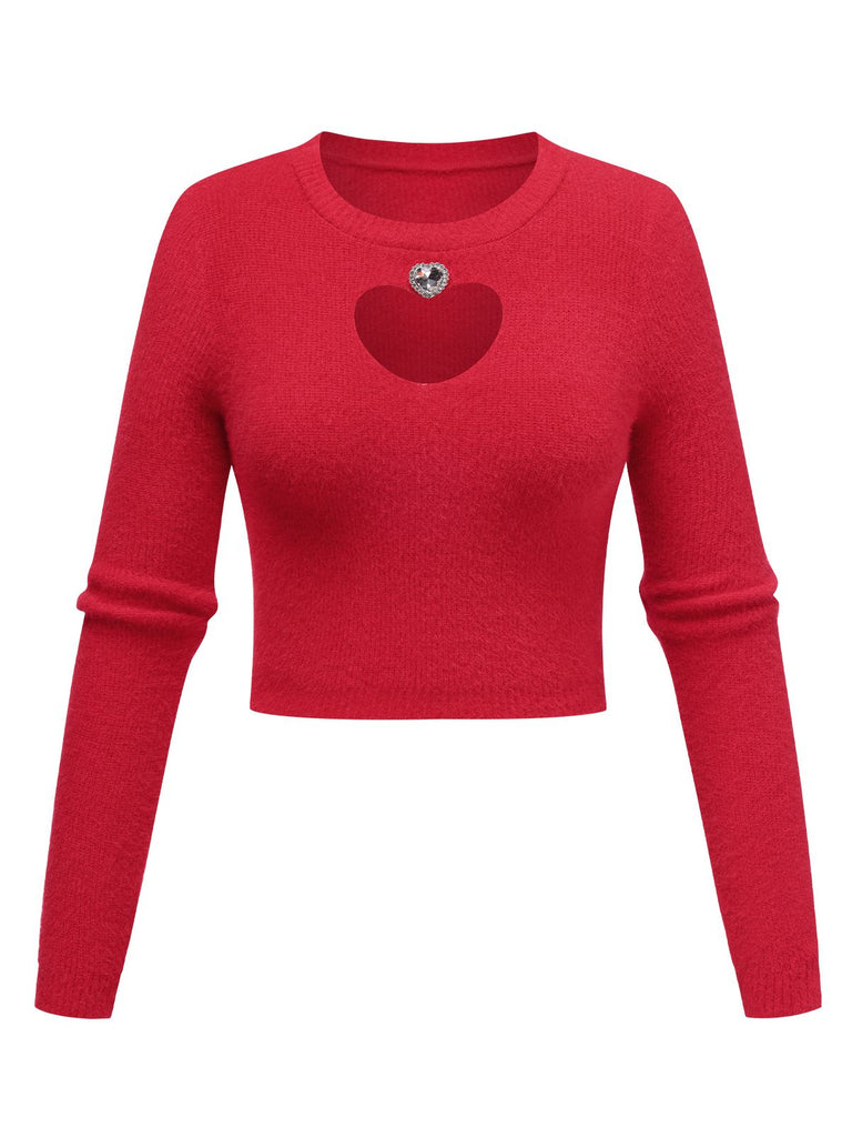 1960er Strasssteine Herz Cutout Gestrickt Solide Pullover