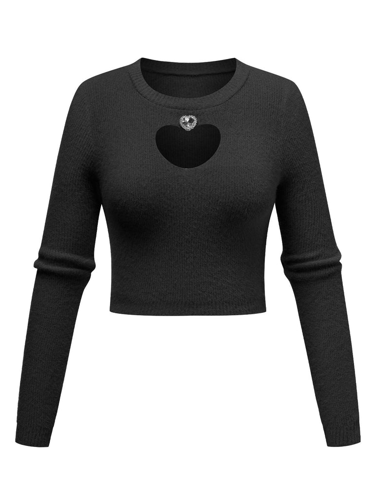 1960er Strasssteine Herz Cutout Gestrickt Solide Pullover