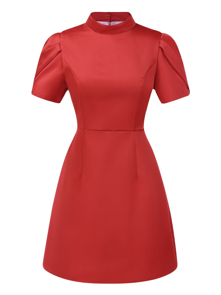 Rot 1960er Puffärmel Zurück-Hohl Mini Kleid