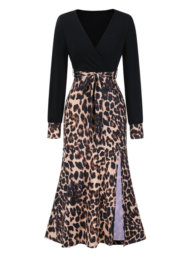 Schwarz 1930er Leopard Patchwork Meerjungfrauen Kleid