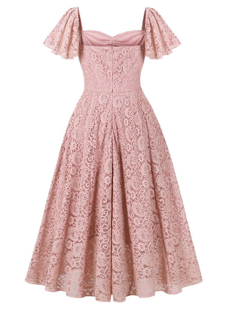 Rosa 1950er Solide Spitze Herzförmiger Hals Kleid