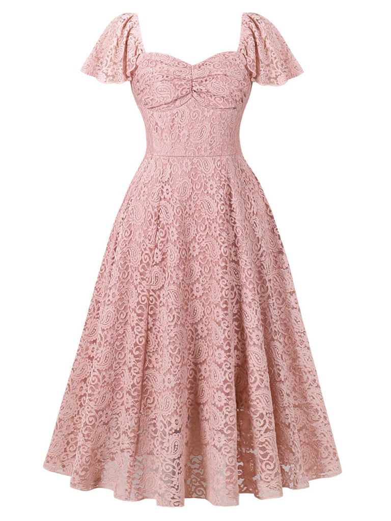 Rosa 1950er Solide Spitze Herzförmiger Hals Kleid