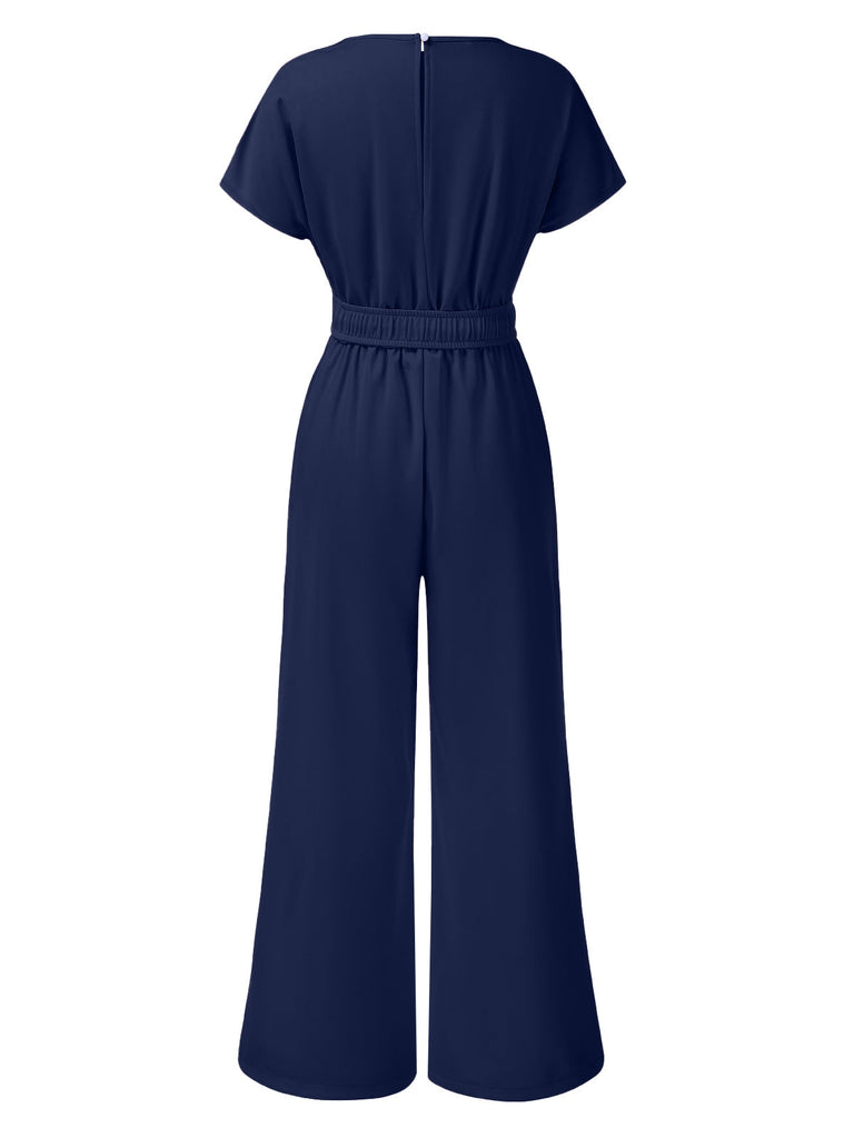 1950er Solide V-Ausschnitt Gürtel Jumpsuit