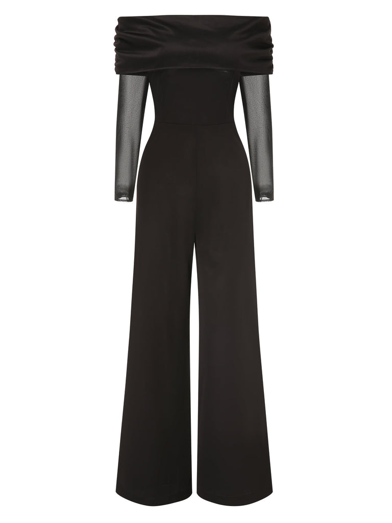 Schwarz 1950er Schulterfrei Transparente Ärmel Jumpsuit