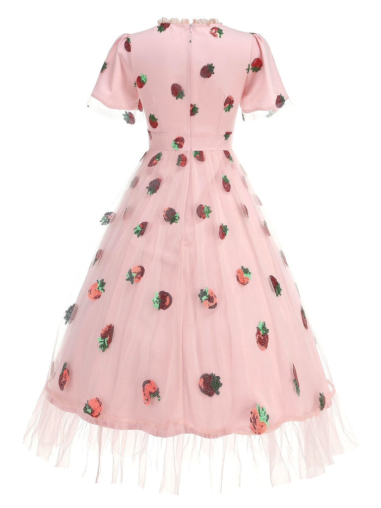 Rosa 1950er V-Ausschnitt Erdbeere Netz Swing Kleid