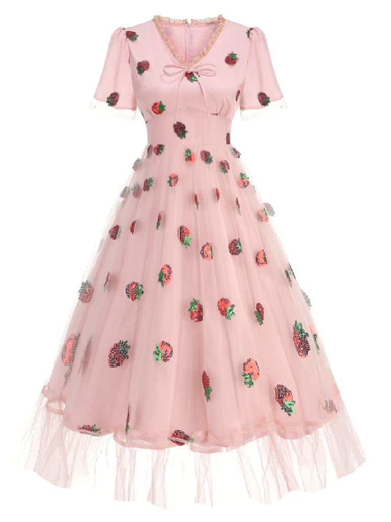 Rosa 1950er V-Ausschnitt Erdbeere Netz Swing Kleid