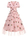 Rosa 1950er V-Ausschnitt Erdbeere Netz Swing Kleid