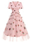 Rosa 1950er V-Ausschnitt Erdbeere Netz Swing Kleid