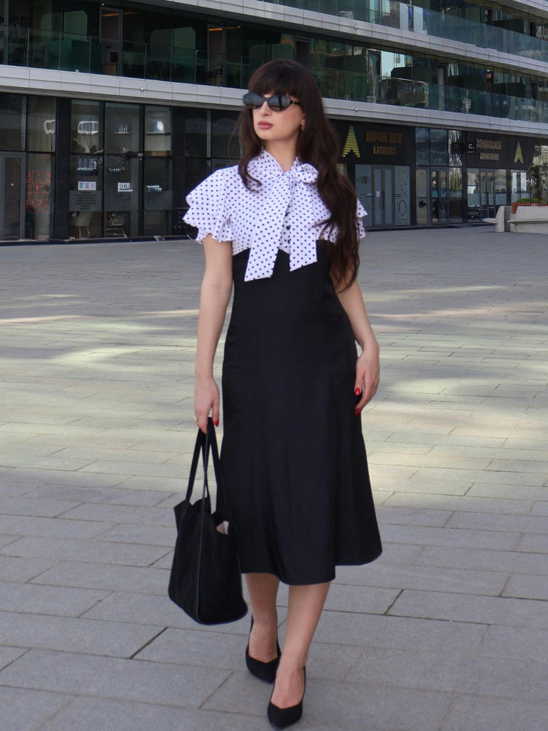 Schwarz 1930er Dots Krawattenhals Meerjungfrauenkleid