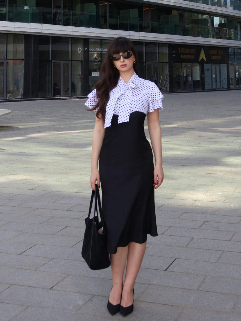 Schwarz 1930er Dots Krawattenhals Meerjungfrauenkleid