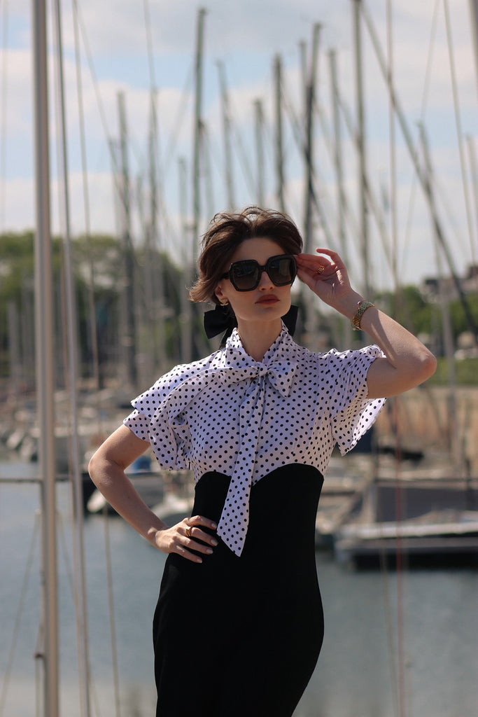 Schwarz 1930er Dots Krawattenhals Meerjungfrauenkleid