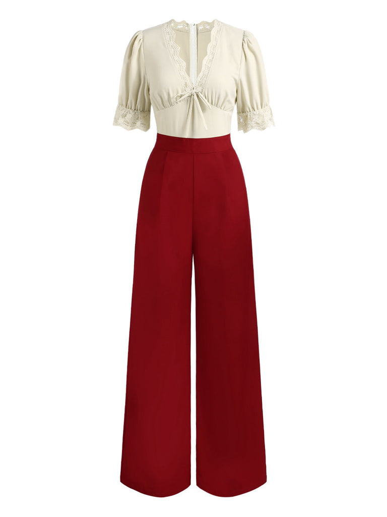 [Vorverkauf] Beige & Rot 1930er Spitze V-Ausschnitt Jumpsuit