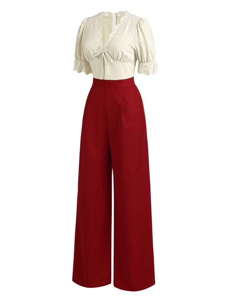 [Vorverkauf] Beige & Rot 1930er Spitze V-Ausschnitt Jumpsuit