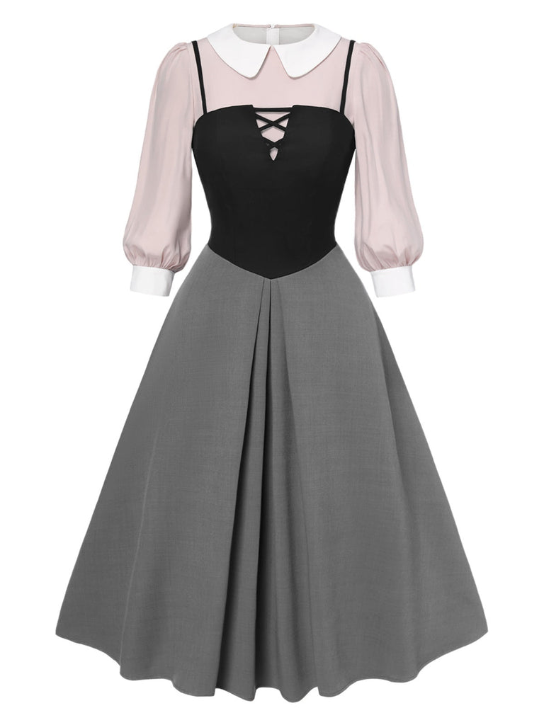 [Vorverkauf] 2PCS 1940er Farbblock Rosa Bluse & Grau Kleid