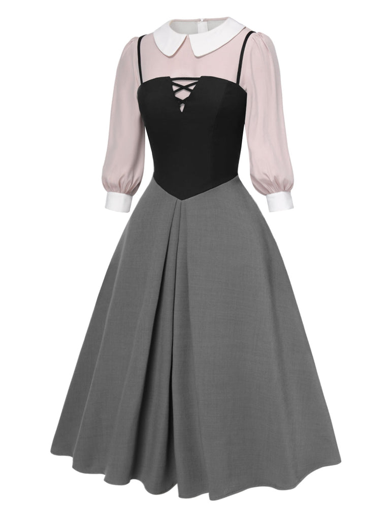 [Vorverkauf] 2PCS 1940er Farbblock Rosa Bluse & Grau Kleid