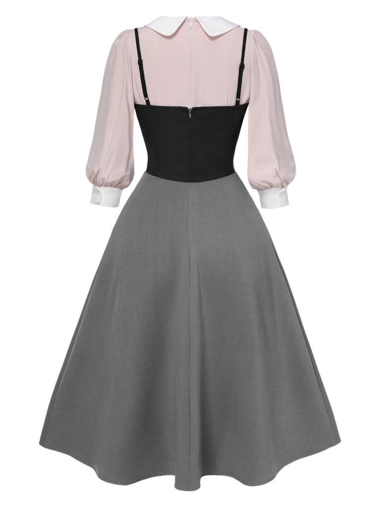 [Vorverkauf] 2PCS 1940er Farbblock Rosa Bluse & Grau Kleid