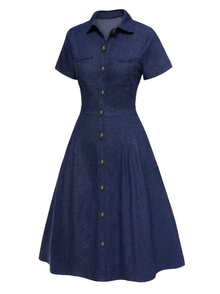 [Vorverkauf] Blau 1950er Tasten Baumwolle Denim Shirt Kleid